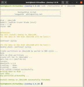Abbildung 2: Mit dem Kommandozeilenwerkzeug <code>Ventoy2Disk.sh</code> formatieren Sie einen USB-Stick mit Ventoy. Anschlie&szlig;end m&uuml;ssen Sie zu bootende ISO-Images nur noch auf den Stick kopieren.
