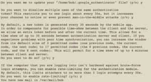 Abbildung 3: Alle von Google Authenticator gestellten Fragen können Sie mit <code>y</code> beantworten.