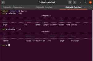 Abbildung 5: Der Befehl <code>adapter list</code> zeigt die verf&uuml;gbaren Netzwerkkarten mit Bezeichnung und Herstellerkennung an.
