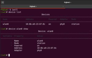 Abbildung 6: Mittels <code>device list</code> ermitteln Sie die Bezeichnung und den Zustand der Schnittstelle. Hier hei&szlig;t sie <code>wlan0</code> und wird nach dem Entfernen der Blockade durch <code>rfkill</code> als aktiv angezeigt.