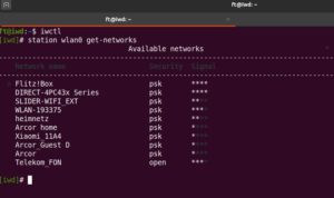 Abbildung 7: Nach einem Scan zeigt der Befehl <code>station wlan0 get-networks</code> die verf&uuml;gbaren Netzwerke an.