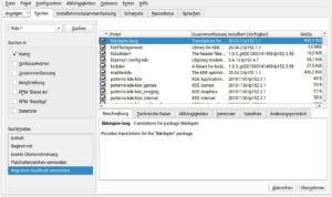Abbildung 8: Die Paketsuche durchforstet alle Aspekte der Pakete und versteht auch reguläre Ausdrücke. Hier findet sie damit alle Pakete, die "kde" im Dateinamen enthalten.