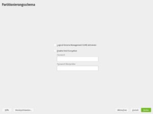 Abbildung 1: Der OpenSuse-Installer bietet im <span class="ui-element">Gef&uuml;hrten Setup</span> der Plattenpartitionierung die Option <span class="ui-element">Enable Disk Encryption</span> an.
