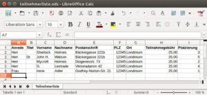 Abbildung 1: Eine Datenbank, in diesem Fall eine Teilnehmerliste, erfassen Sie am einfachsten in einer Tabellenkalkulation.