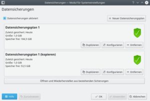 Abbildung 2: Die Übersichtsseite zeigt die erstellten Datensicherungspläne, das Datum der letzten Sicherung sowie den verbrauchten und freien Platz auf dem jeweiligen Medium.
