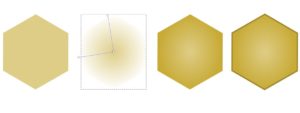 Abbildung 2: Die Arbeitsschritte von links nach rechts: F&uuml;llungsfarbe, Umwandeln in einen radialen Farbverlauf (man sieht die Anfasser f&uuml;r die Endpunkte des Farbverlaufs), Farbanpassung des Farbverlaufs und Anpassung der Konturlinie.