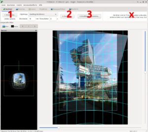 Abbildung 3: Der Assistent von Hugin führt in drei Schritten (1-3) durch den Prozess zum Erstellen der Panoramabilder. Wie gut die Software die ausgewählten Einzelbilder zu einem Panorama kombinieren kann, zeigt das Statusfeld.