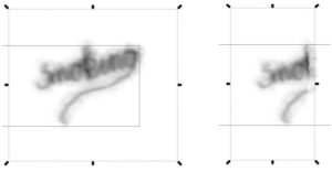 Abbildung 4: Links im Bild der Rauch mit der ben&ouml;tigten Gr&ouml;&szlig;e f&uuml;r das Areal. Die Bounding Box um den Text ist gro&szlig; genug. Rechts wurde das Areal um die H&auml;lfte verkleinert &ndash; die Software schneidet die Anzeige des Effekts ab.