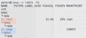 Abbildung 4: Das verschl&uuml;sselte Root-Dateisystem (<code>cr_root</code>) und die verschl&uuml;sselte Auslagerungspartition (<code>cr_swap</code>) liegen bei einer Standard-Installation von OpenSuse in den Partitionen <code>sda2</code> und <code>sda3</code>.