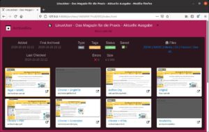 Abbildung 5: Hier bietet die ArchiveBox die Startseite von <a href="http://linux-user.de" target="_blank">http://linux-user.de</a> in verschiedenen Formaten an. Bei einem großem Browser-Fenster zeigt die Software für jedes Format eine kleine Vorschau an.