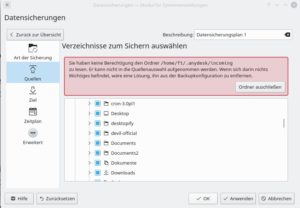 Abbildung 5: Enthält Ihr Heimatverzeichnis Dateien, deren Sicherung Root-Rechte erfordert, schlägt Kup wie im vorliegenden Fall sinnvollerweise vor, sie von der Sicherung auszuschließen.