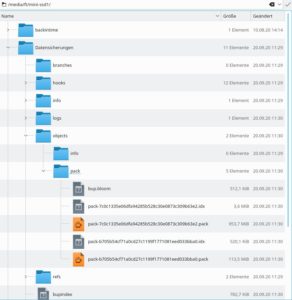 Abbildung 9: Im Dateimanager liegen die Backups im Verzeichnis <code>Datensicherungen/objects/pack/</code> und tragen die Endung <code>.pack</code>, das Paketformat von Git. Sie lassen sich nicht direkt zurücksichern, sondern erfordern einen KDE-KIO-Slave.
