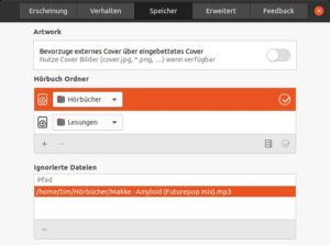 Abbildung 4: Hier sucht Cozy die Hörbücher in den Ordnern <code>Hörbücher/</code> und <code>Lesungen/</code>. Darüber hinaus ignoriert das Programm eine Musik-Datei.