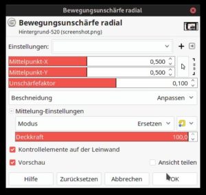 Abbildung 6: Der Filter <span class="ui-element">Bewegungsunschärfe radial</span> erzeugt eine Weichzeichnung in alle Richtungen rund um einen Mittelpunkt. Dabei braucht der Mittelpunkt nicht zwingend in der Mitte des Bilds zu liegen. Der Dialog liefert zahlreiche Einstellungmöglichkeiten.