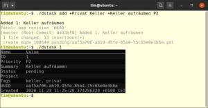 Abbildung 1: Die beim Anlegen der Aufgabe eingestreuten Tags hat Dstask aus der Zusammenfassung <code>Keller aufräumen</code> entfernt. In schwachem Grau gehaltene Meldungen stammen von Git – Sie können sie ignorieren.