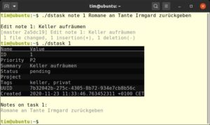 Abbildung 2: Die Notizen listet Dstask am Ende auf. Sie eignen sich auch für Checklisten, wobei dann jede Notiz einen Punkt aus der Liste widerspiegelt.