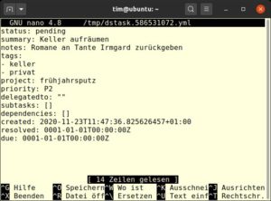 Abbildung 4: Im Editor sehen Sie die Aufgabe so, wie sie Dstask unter der Haube speichert: als Textdatei im YAML-Format.