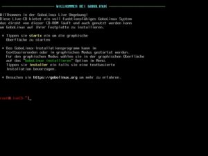 Abbildung 4: Beim Start des Live-Systems startet zun&auml;chst ein Terminal. Hier rufen Sie direkt den Textinstaller auf oder wechseln in die grafische Umgebung.
