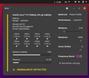 Abbildung 4: Der System Monitor and Power Manager für die Gnome Shell zeigt in Echtzeit an, mit welcher Taktrate die CPU arbeitet und welcher Governor gerade aktiv ist.