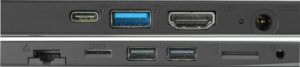 Abbildung 1: Auf der rechten Seite (oben) verfügt das Aura 15 über einen Netzteilanschluss, HDMI, USB 3 sowie USB-C. Der USB-C-Port unterstützt DisplayPort 1.4 und Power Delivery DC-In (PD) zum Laden des Aura. Linksseitig (unten) weist das Gerät neben einem Kensington-Lock zwei USB-2-Ports, einen SD-Card-Einschub sowie einen SIM-Karten-Slot für das optionale LTE-Modul auf. Ganz vorn: der 2-in-1-Audio-Port.
