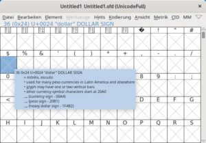 Abbildung 1: Die Ansicht einer Schriftart in Fontforge. Oben unter der Men&uuml;leiste und mit blauer Farbe hinterlegt steht die korrekte Bezeichnung des Glyphen (im Beispiel <code>dollar</code>).
