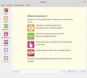 Abbildung 1: Das Hauptfenster von Gbrainy lässt sich intuitiv nutzen.