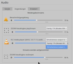 Abbildung 2: Programme, die ihren Ton in den unter Linux leicht zu aktivierenden virtuellen Mixerkanal ausgeben, sind in Videokonferenzprogrammen zusammen mit dem Mikrofon zu h&ouml;ren.