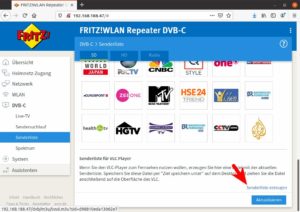 Abbildung 2: Viele Fritzboxen oder wie hier der Fritz WLAN Repeater DVB-C bieten die Funktion, das TV-Bild ins lokale Netz zu streamen. Die Senderliste lässt sich direkt in Hypnotix integrieren.