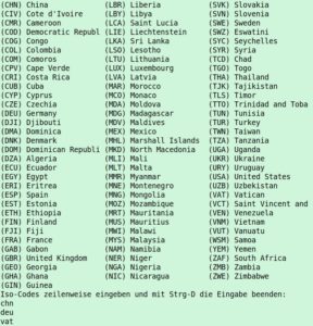 Abbildung 3: Bei der Auswahl der L&auml;nder geben Sie die ISO-Codes zeilenweise ein und best&auml;tigen die Auswahl dann mit <span class="key-combo">[Strg]+[D]</span>. Die Spaltenauswahl funktioniert genauso, nur geben Sie dort die Ziffern f&uuml;r die gew&uuml;nschten Spalten ein.