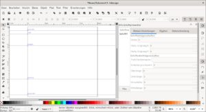 Abbildung 3: Inkscape mit der vordefinierten Vorlage f&uuml;r Typografie-Projekte. Die Hilfslinien erleichtern das Gestalten der Buchstaben. Rechts in der Seitenleiste ist bereits der SVG-Schriftarteneditor ge&ouml;ffnet.