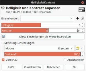 Abbildung 3: Das Werkzeug <span class="ui-element">Helligkeit</span> / <span class="ui-element">Kontrast</span> ist recht anspruchslos in der Anwendung, wenn es um schnelle Kontrastanpassungen im Bild geht. Benötigt man mehr Einfluss auf die hellen und dunklen Farbtöne, sollte man eher zum Werkzeug <span class="ui-element">Kurven</span> greifen.
