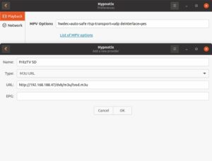 Abbildung 4: Um den TV-Stream der Fritzbox zu empfangen, müssen die MPV-Optionen in den Einstellungen angepasst werden, danach legt man mit der URL zur M3U-Senderliste einen neuen Provider an.