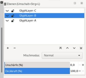 Abbildung 4: Die einzelnen Glyph-Ebenen f&uuml;r die Buchstaben&nbsp;A, B und&nbsp;C im Ebenendialog von Inkscape nach dem Anlegen.