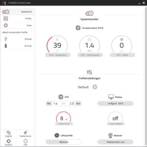 Abbildung 5: Das Tuxedo-Control-Center dient als Systemmonitor und zum Wechseln vordefinierter oder selbst erstellter Energieprofile, bei denen Sie individuell Lüfterprofil, Bildschirmhelligkeit und CPU-Leistung festlegen.
