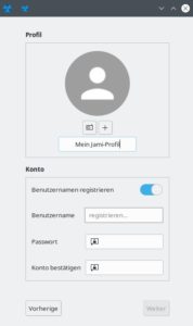 Abbildung 11: Bei den Jami-"Konten" handelt es sich um lokal vorliegende Keys, mit denen sich das Programm im Jami-Netzwerk anmeldet. Lediglich die optionale Registrierung eines einpr&auml;gsamen Benutzernamens zus&auml;tzlich zu einem 40-stelligen Hash erfolgt auf einem zentralen Server.
