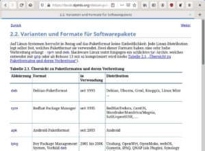 Abbildung 1: Ein Ausschnitt mit Überschrift, Absatz und Tabelle aus dem mit Asciidoc erstellten Debian-Paketmanagement-Buch.
