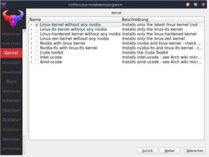 Abbildung 1: Hefftor bietet im Installer neben vielen Anwendungen eine vorbildliche Auswahl von Kernel-Varianten und berücksichtigt die Bedürfnisse der Besitzer von Nvidia-Grafikkarten.