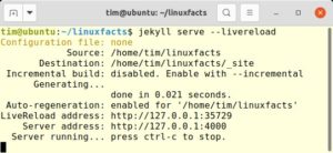 Abbildung 2: Der in Jekyll eingebaute Webserver hilft ausschlie&szlig;lich bei der Entwicklung. Er ist nicht dazu gedacht, die fertige Seite auf einem produktiven Server auszuliefern.