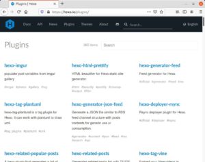 Abbildung 5: Unter den Erweiterungen f&uuml;r Hexo finden sich Plugins, die Bilder in verschiedene Gr&ouml;&szlig;en konvertieren oder Musikst&uuml;cke von Soundcloud einbinden.