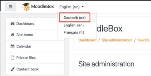 Abbildung 1: Einige Moodle-Installationen (hier Moodlebox f&uuml;r den Raspberry&nbsp;Pi) enthalten schon die deutschen Sprachpakete; &uuml;ber das Ausklappmen&uuml; &auml;ndern Sie die Benutzersprache.