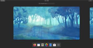 Abbildung 1: Ein Klick auf den <span class="ui-element">Aktivitäten</span>-Schalter offenbart die neue horizontale Ausrichtung der Gnome Shell: Sie stellt die Workspaces (blaue Flächen) in den Vordergrund.