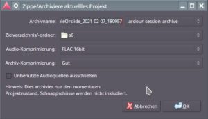 Abbildung 4: Nach dem Anhaken von <span class="ui-element">Unbenutzte Quellen entfernen</span> schrumpft Ardour 6 binnen drei Minuten ein 1,3 GByte großes Projekt zu einem Archiv von nur 155 MByte Größe.
