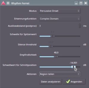 Abbildung 8: Über <span class="ui-element">Regionsname</span> | <span class="ui-element">Bearbeiten</span> | <span class="ui-element">Rhythm Ferret</span> zerschneiden Sie Audioregionen in einzelne Noten. Bei perkussivem Material funktioniert das recht gut.