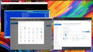 Abbildung 9: Bei Bedarf betreiben Sie Moodle in einer VM &ndash; hier in VMware (Hintergrund) mit Webzugriff als Administrator (links vorne) und als Testteilnehmer (rechts).