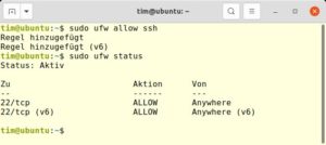Abbildung 1: Ein <code>ufw allow</code> fügt automatisch Regeln für IPv4- und IPv6-Verbindungen hinzu, wie das nachfolgende <code>ufw status</code> beweist.