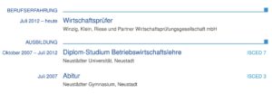 Abbildung 2: Ihre Qualifikationen listen Sie &uuml;bersichtlich auf. Dank der Angabe eines ISCED-Levels lassen sich Ihre Qualifikationen auch im europ&auml;ischen Ausland leicht einordnen.