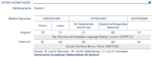 Abbildung 3: Ihre Sprachkenntnisse erfassen Sie differenziert nach Verstehen, Schreiben und Sprechen. Au&szlig;erdem geben Sie einen CEFR-Level an.