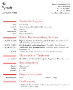 Abbildung 3: Der Lebenslauf, den Sie mit dem LaTeX-Paket <span class="ui-element">bewerbung</span> erstellen, zeigt sich einfach und ansprechend. Farben und Layout passen Sie bei Bedarf an.