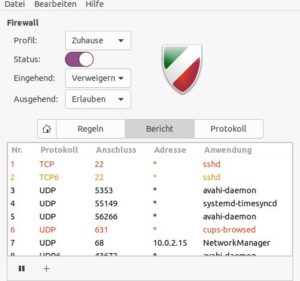 Abbildung 4: Der <span class="ui-element">Bericht</span> der Benutzeroberfläche Gufw zeigt die auf dem System laufenden Dienste.