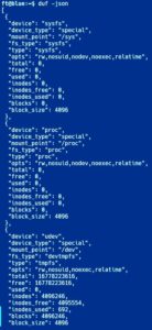 Abbildung 7: Der Befehl <code>duf -json</code> stellt die angeforderten Daten im JSON-Format dar und erlaubt so das Weiterverarbeiten mit anderen Werkzeugen.